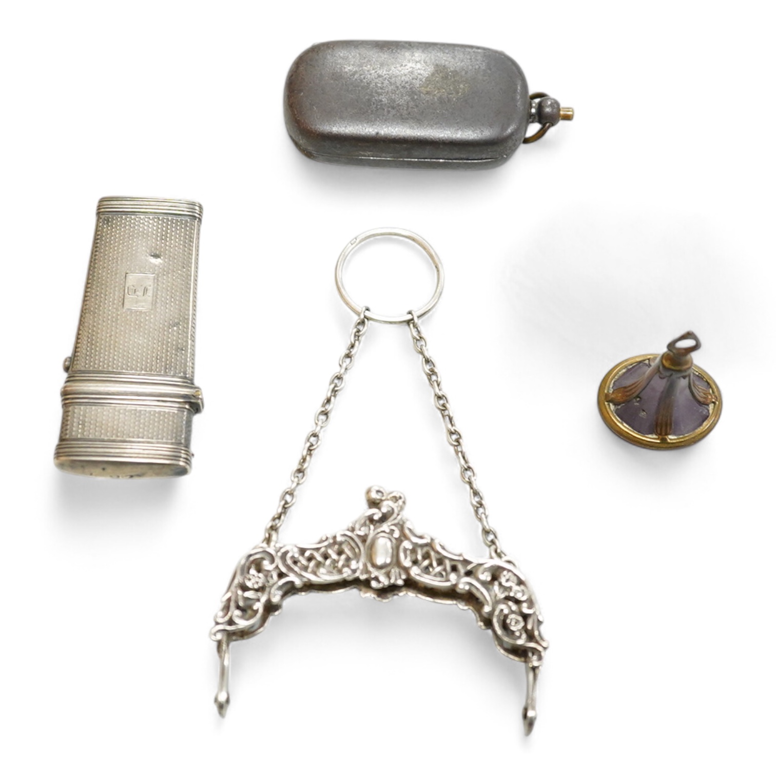 A William IV engine turned silver etui case, maker GC, London, 1836, 61mm, together with a silver purse mount, amethyst? set fob seal and a base metal sovereign case.